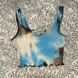 Blue and White Ribbed Cut Out Crop Top